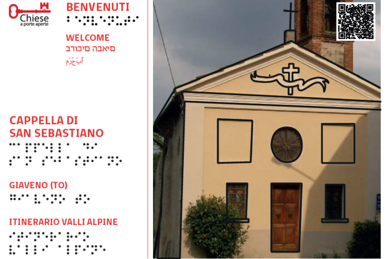 immagine di benvenuto alla cappella di San Sebastiano con scritte in Braille